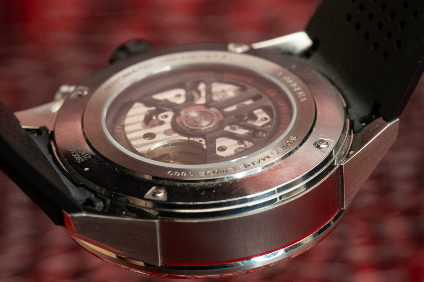 TAG Heuer Carrera Calibre Heuer 02 Batman Bezel GMT Skeleton Dial Rubber Strap Ref CBG2A1Z.FT6157 Box And Papers