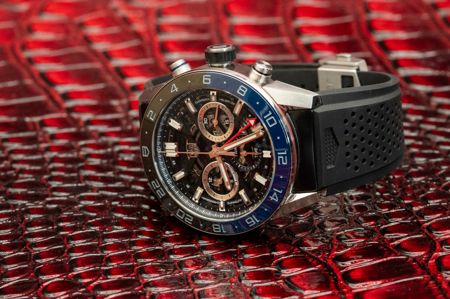 TAG Heuer Carrera Calibre Heuer 02 Batman Bezel GMT Skeleton Dial Rubber Strap Ref CBG2A1Z.FT6157 Box And Papers