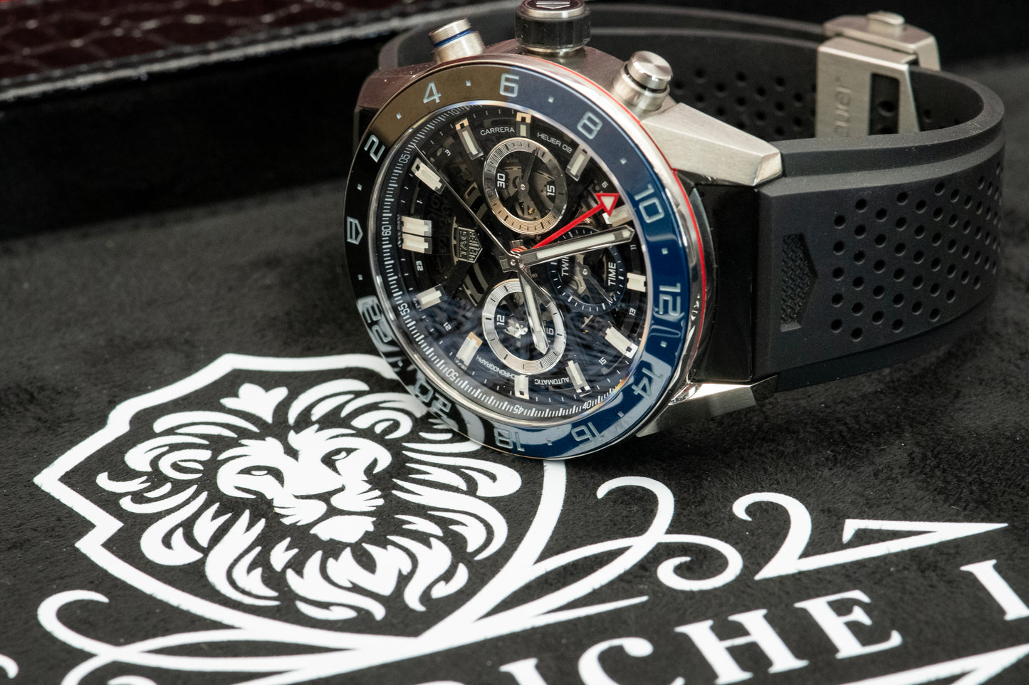 TAG Heuer Carrera Calibre Heuer 02 Batman Bezel GMT Skeleton Dial Rubber Strap Ref CBG2A1Z.FT6157 Box And Papers