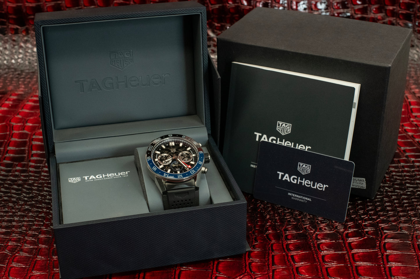 TAG Heuer Carrera Calibre Heuer 02 Batman Bezel GMT Skeleton Dial Rubber Strap Ref CBG2A1Z.FT6157 Box And Papers