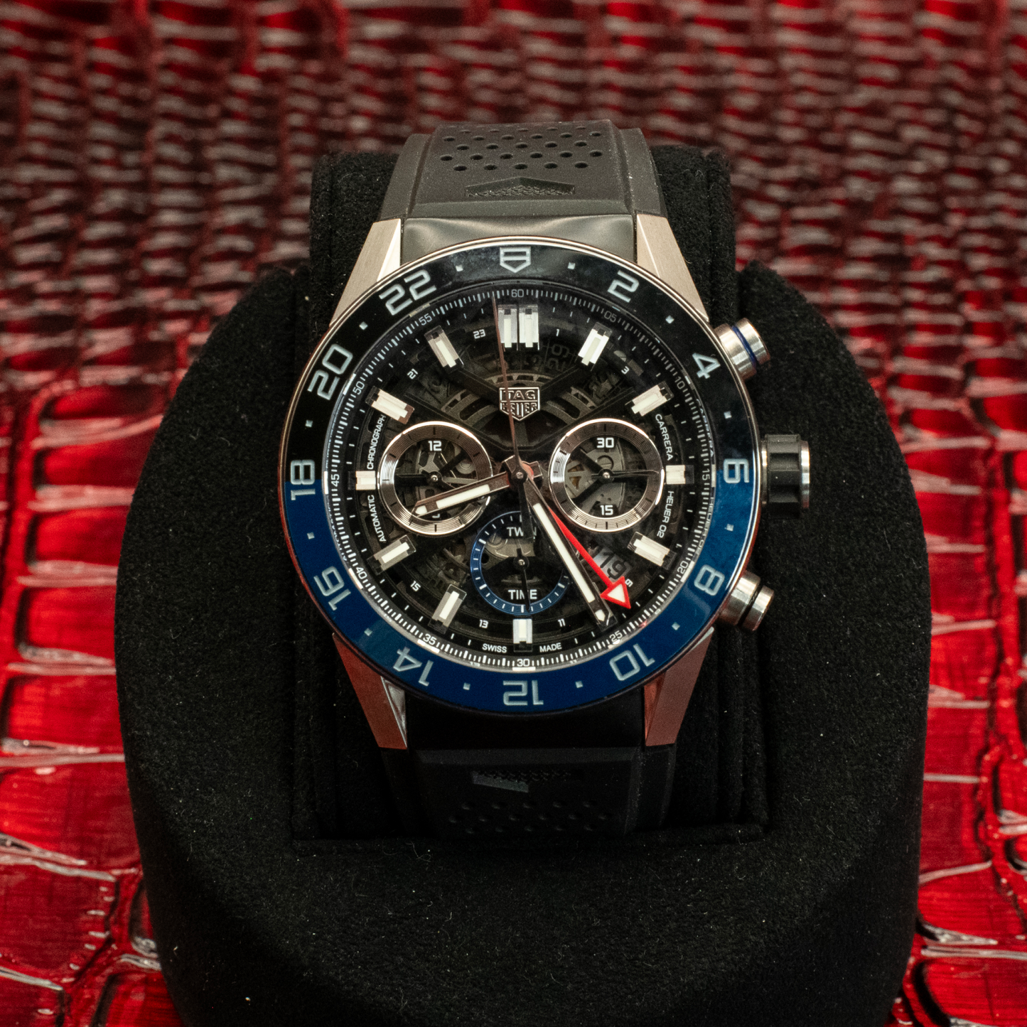 TAG Heuer Carrera Calibre Heuer 02 Batman Bezel GMT Skeleton Dial Rubber Strap Ref CBG2A1Z.FT6157 Box And Papers