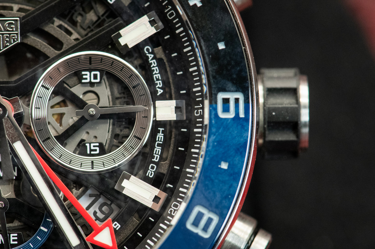 TAG Heuer Carrera Calibre Heuer 02 Batman Bezel GMT Skeleton Dial Rubber Strap Ref CBG2A1Z.FT6157 Box And Papers