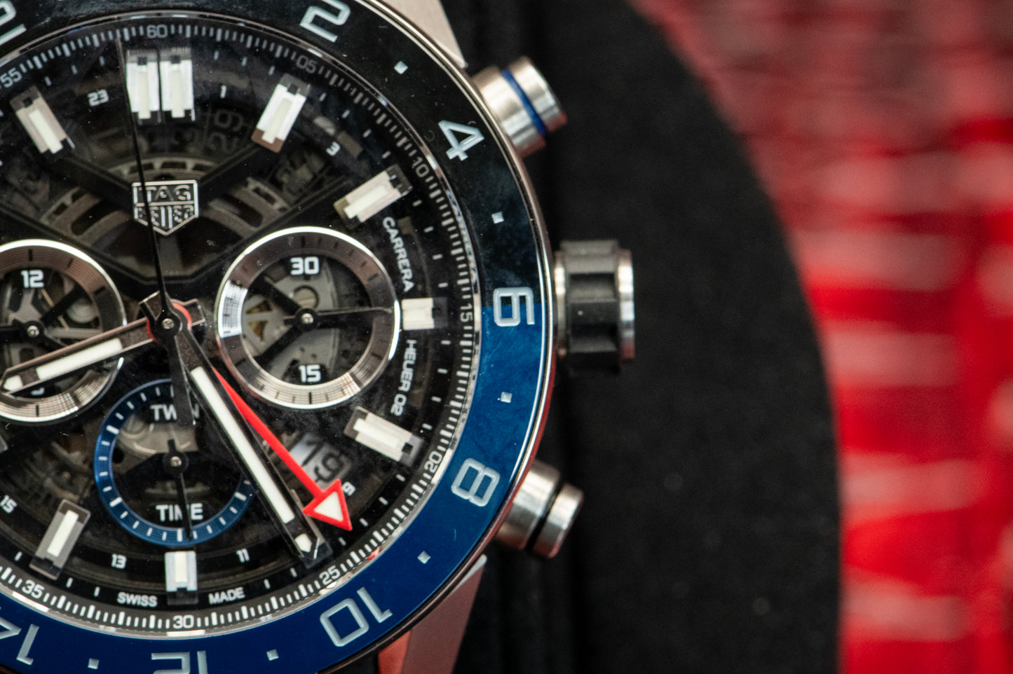 TAG Heuer Carrera Calibre Heuer 02 Batman Bezel GMT Skeleton Dial Rubber Strap Ref CBG2A1Z.FT6157 Box And Papers