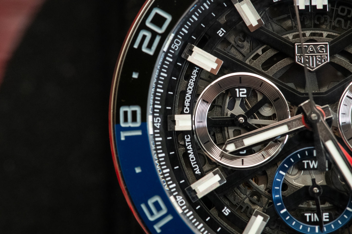 TAG Heuer Carrera Calibre Heuer 02 Batman Bezel GMT Skeleton Dial Rubber Strap Ref CBG2A1Z.FT6157 Box And Papers