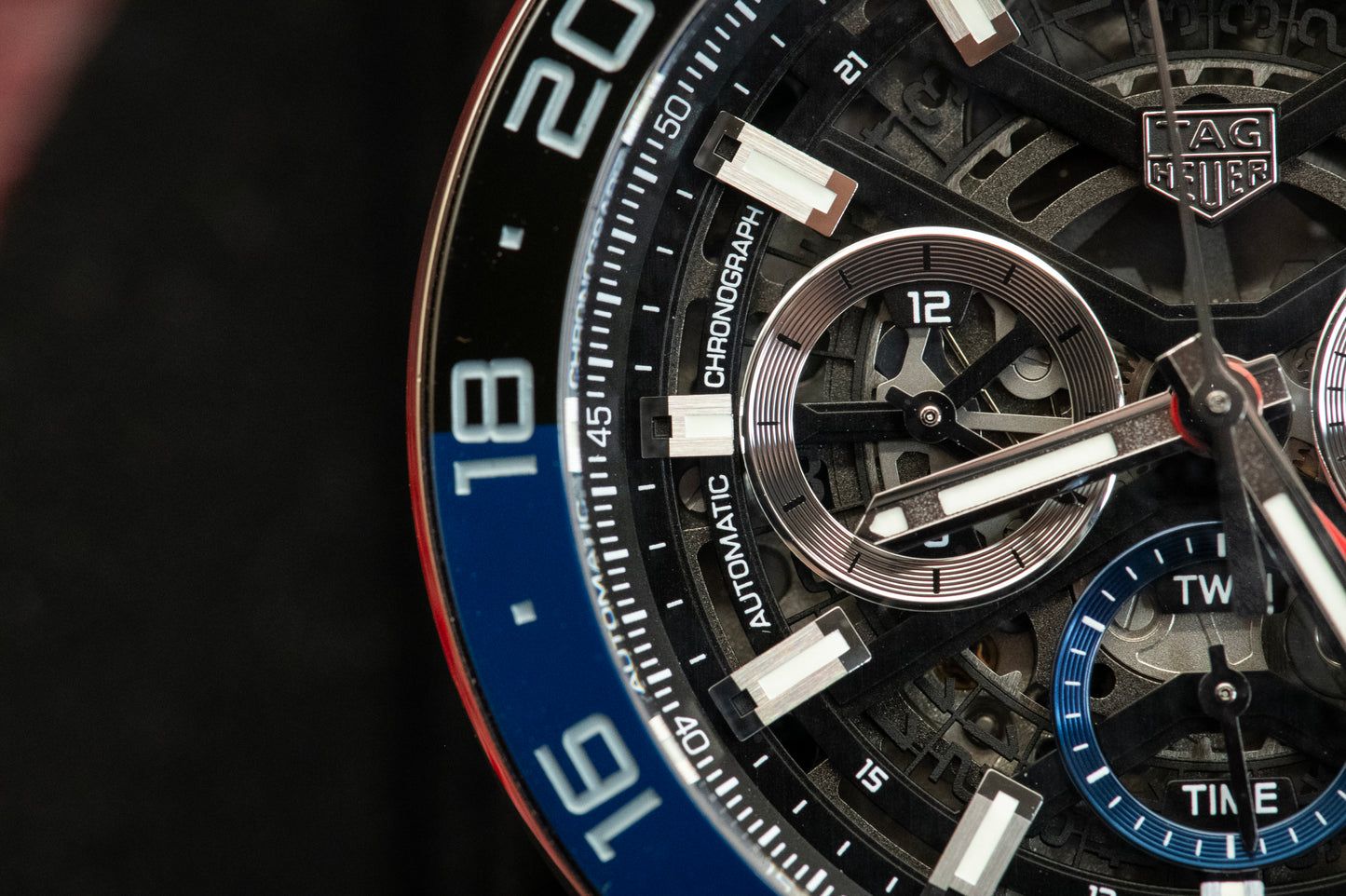 TAG Heuer Carrera Calibre Heuer 02 Batman Bezel GMT Skeleton Dial Rubber Strap Ref CBG2A1Z.FT6157 Box And Papers
