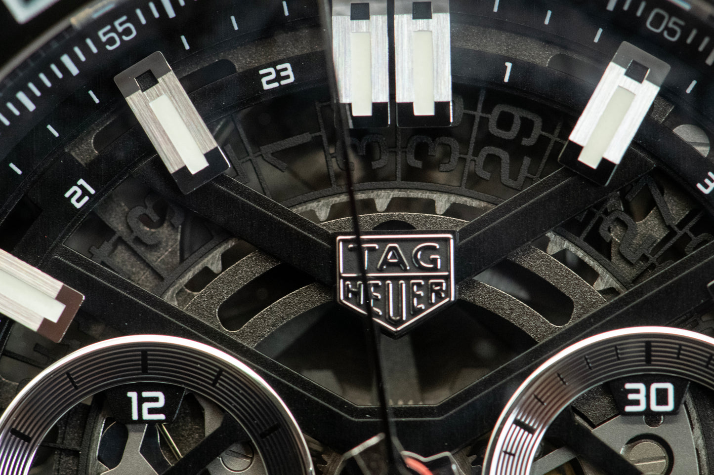 TAG Heuer Carrera Calibre Heuer 02 Batman Bezel GMT Skeleton Dial Rubber Strap Ref CBG2A1Z.FT6157 Box And Papers