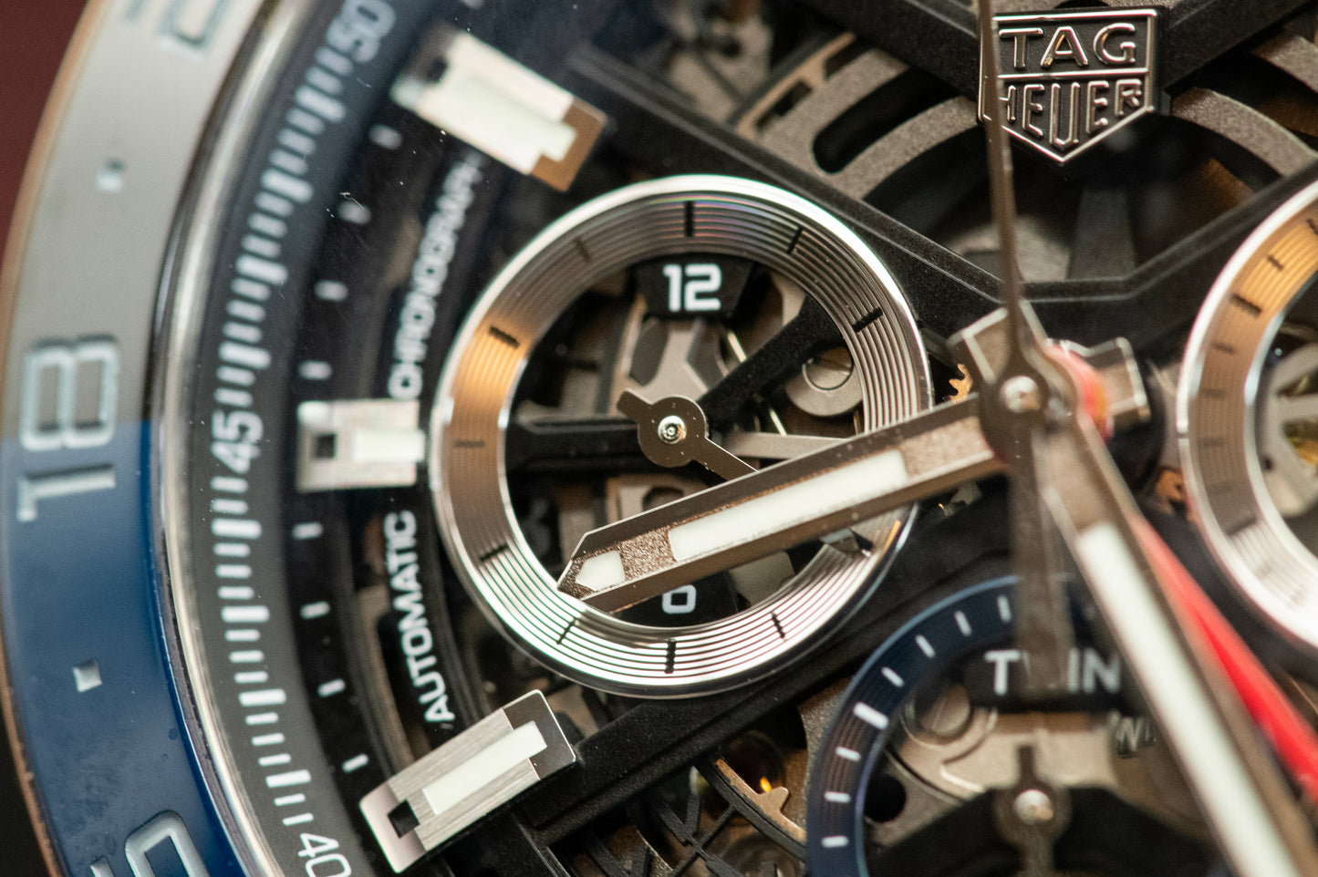 TAG Heuer Carrera Calibre Heuer 02 Batman Bezel GMT Skeleton Dial Rubber Strap Ref CBG2A1Z.FT6157 Box And Papers