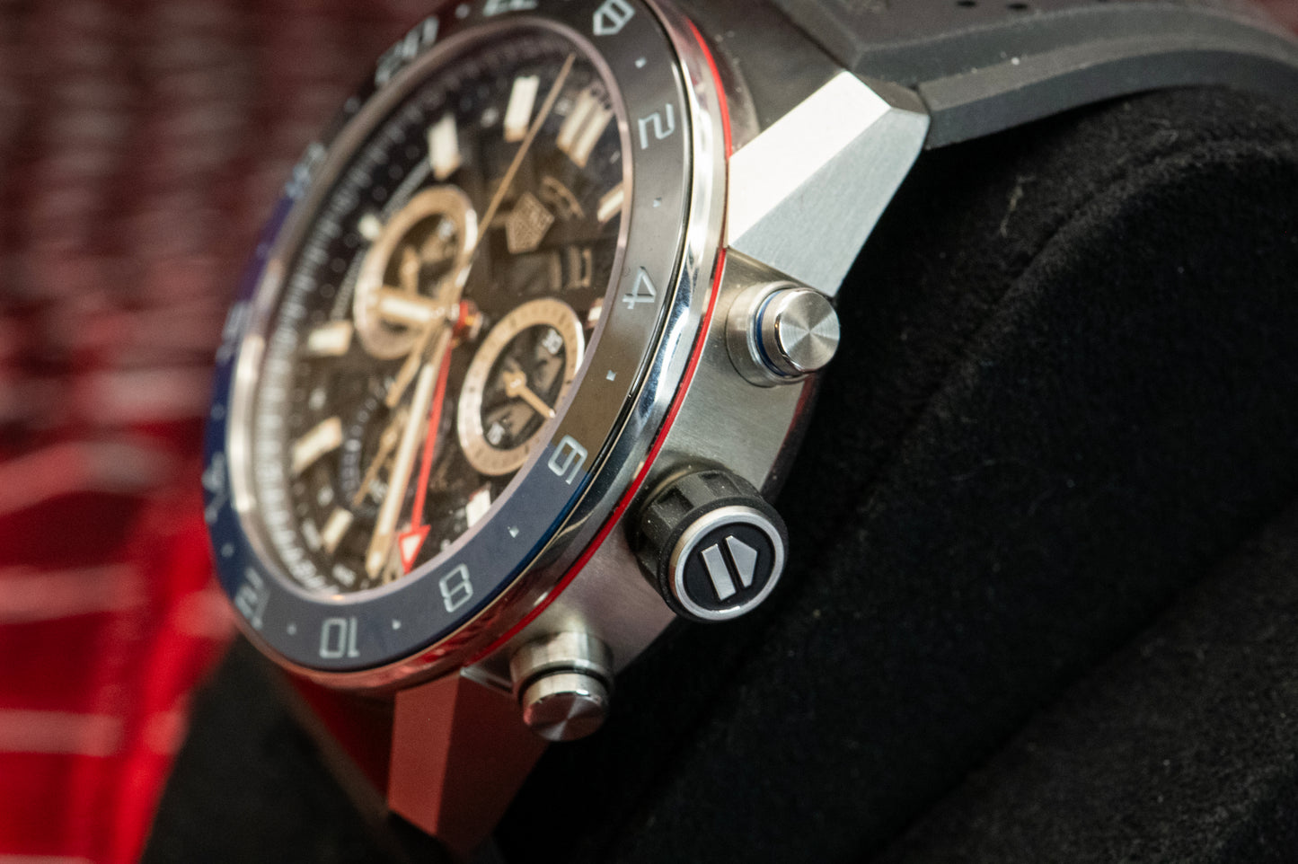 TAG Heuer Carrera Calibre Heuer 02 Batman Bezel GMT Skeleton Dial Rubber Strap Ref CBG2A1Z.FT6157 Box And Papers