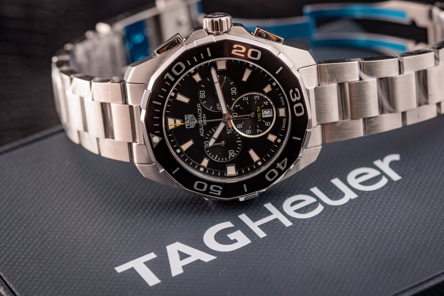 TAG Heuer Aquaracer 43mm Chrono Black Face/Bezel Box And Papers Ref CAY111A.BA0927