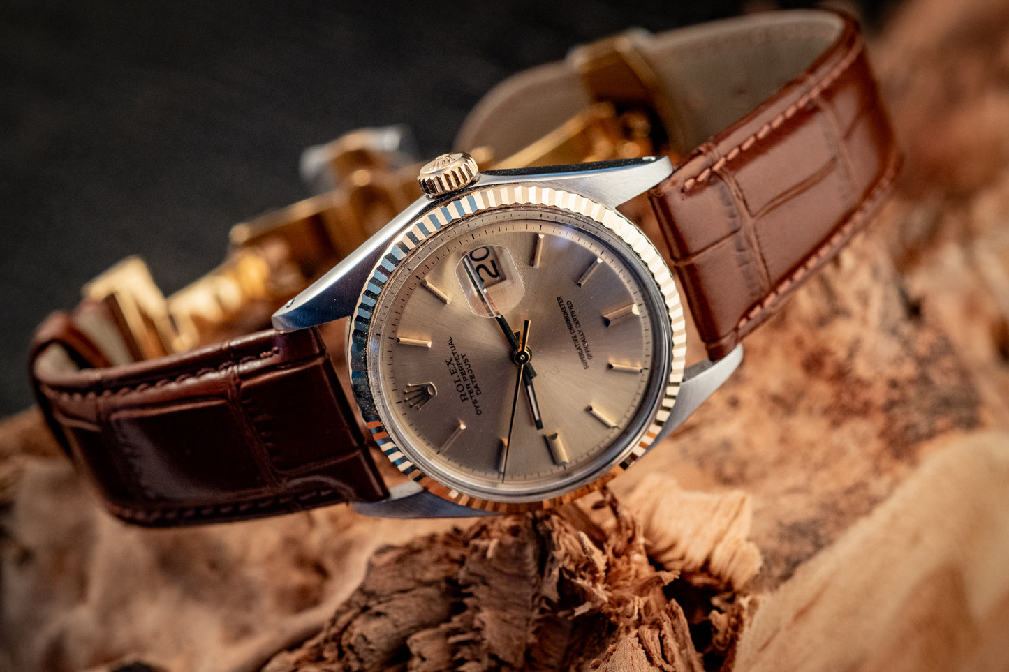 Rolex Datejust 14K Yellow Gold Steel Champagne Brown Leather Band Ref 1601