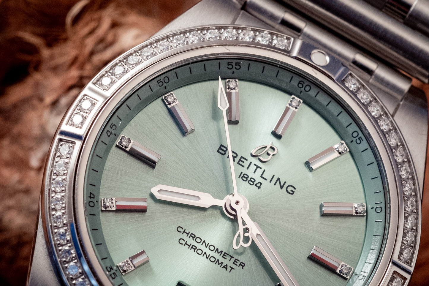Breitling Chronomat 36MM Stainless Green Dial Diamonds Box Papers And Purchase Receipt Ref A10380591L1A1