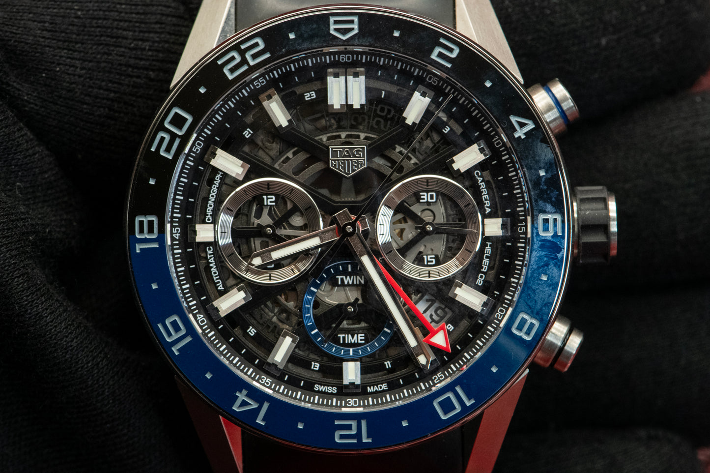 TAG Heuer Carrera Calibre Heuer 02 Batman Bezel GMT Skeleton Dial Rubber Strap Ref CBG2A1Z.FT6157 Box And Papers