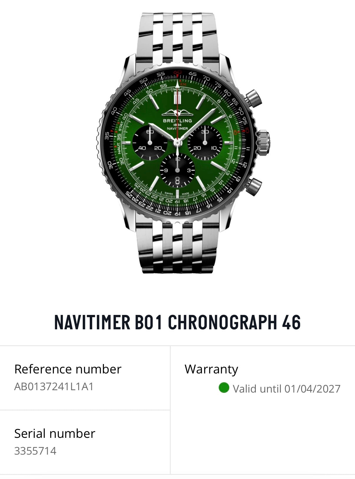 Breitling 2022 Navitimer 1 B01 Chronograph Green Dial Box And Papers Ref AB0137241L1A1