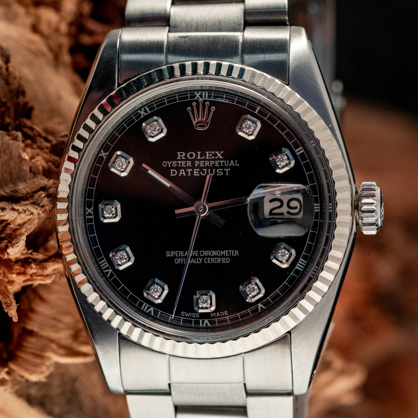 Rolex Datejust 36mm 18K White Gold And Steel Black Diamond Fluted Bezel Ref 1601