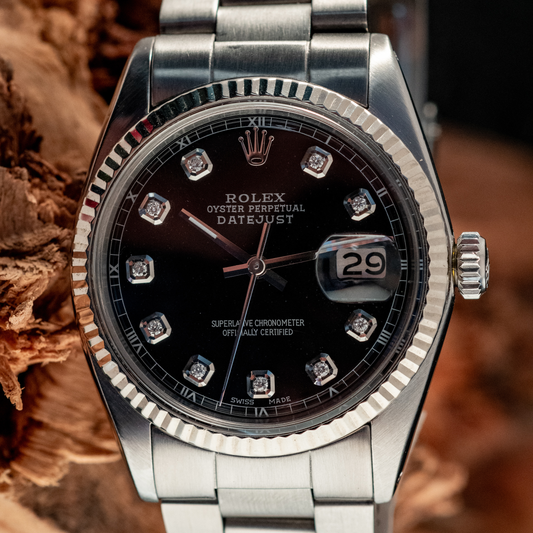 Rolex Datejust 36mm 18K White Gold And Steel Black Diamond Fluted Bezel Ref 1601