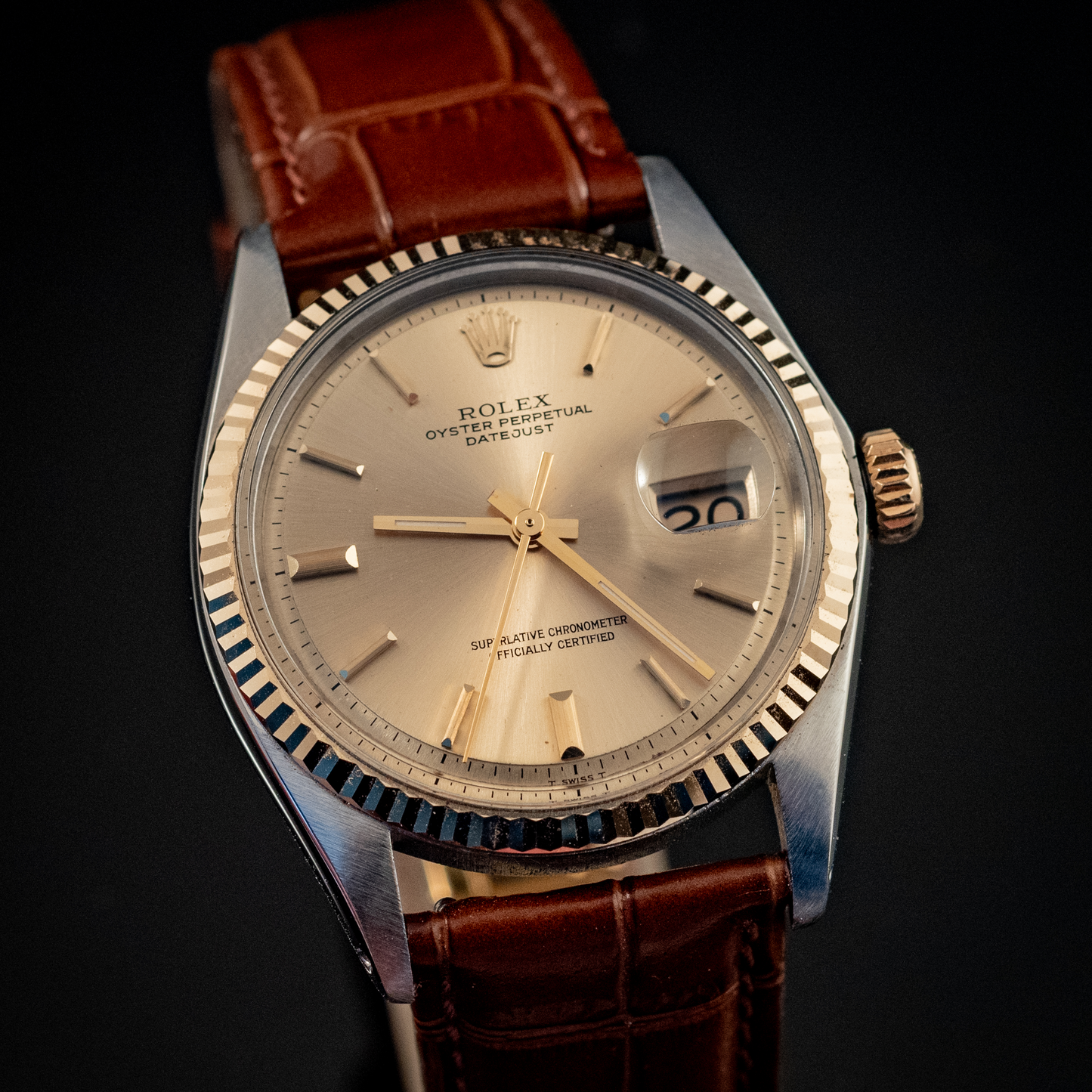 Rolex Datejust 14K Yellow Gold Steel Champagne Brown Leather Band Ref 1601