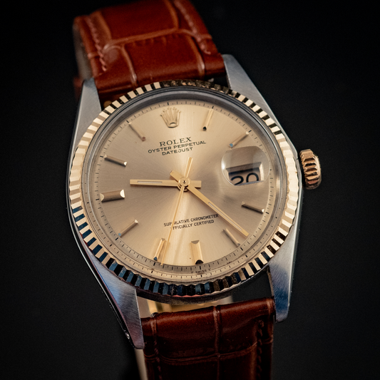 Rolex Datejust 14K Yellow Gold Steel Champagne Brown Leather Band Ref 1601