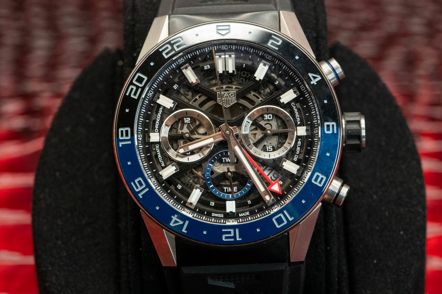 TAG Heuer Carrera Calibre Heuer 02 Batman Bezel GMT Skeleton Dial Rubber Strap Ref CBG2A1Z.FT6157 Box And Papers