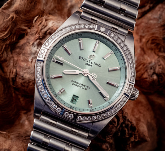 Breitling Chronomat 36MM Stainless Green Dial Diamonds Box Papers And Purchase Receipt Ref A10380591L1A1