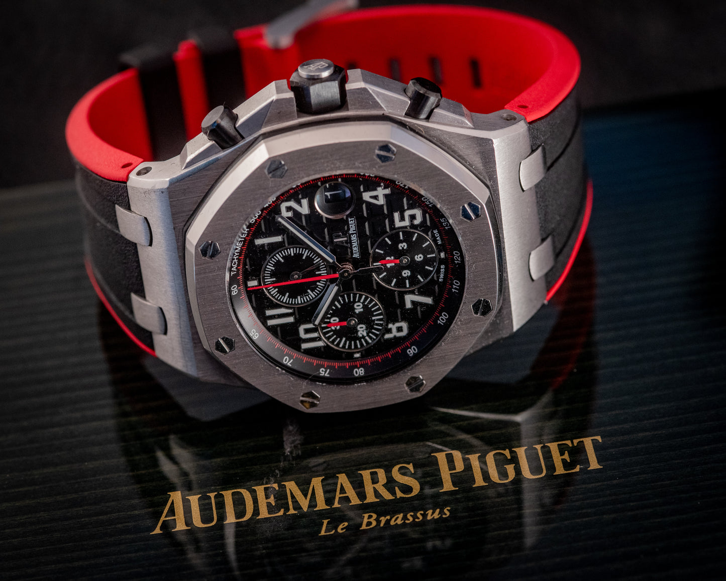 Audemars Piguet Royal Oak Offshore Chronograph 26470ST.OO.A101CR.01 “VAMPIRE” Black Dial Red Accents Chronograph Stainless Steel 42mm Box And Papers