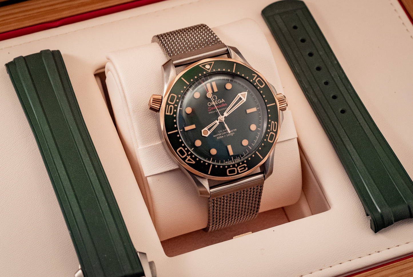 Omega Seamaster Diver 300 M Bronze Gold Green Dial Extra Strap 2025 Box And Papers Ref 210.92.42.20.10.001