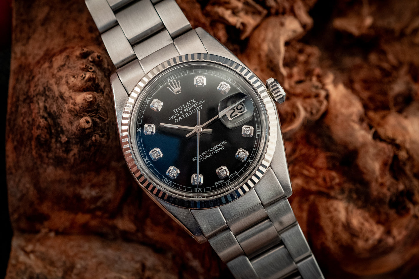 Rolex Datejust 36mm 18K White Gold And Steel Black Diamond Fluted Bezel Ref 1601
