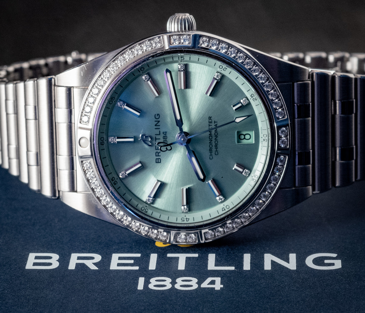 Breitling Chronomat 36MM Stainless Green Dial Diamonds Box Papers And Purchase Receipt Ref A10380591L1A1