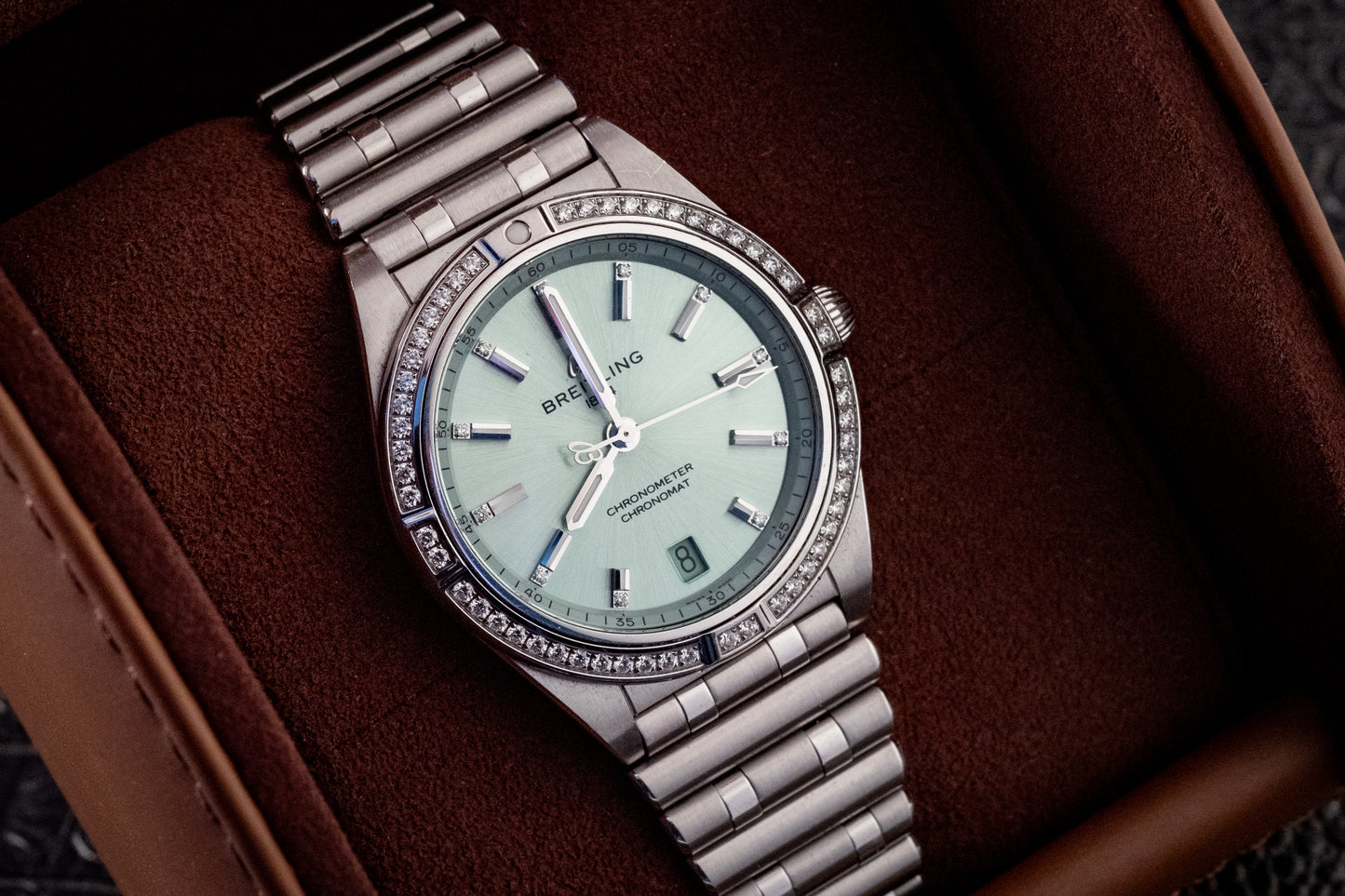Breitling Chronomat 36MM Stainless Green Dial Diamonds Box Papers And Purchase Receipt Ref A10380591L1A1