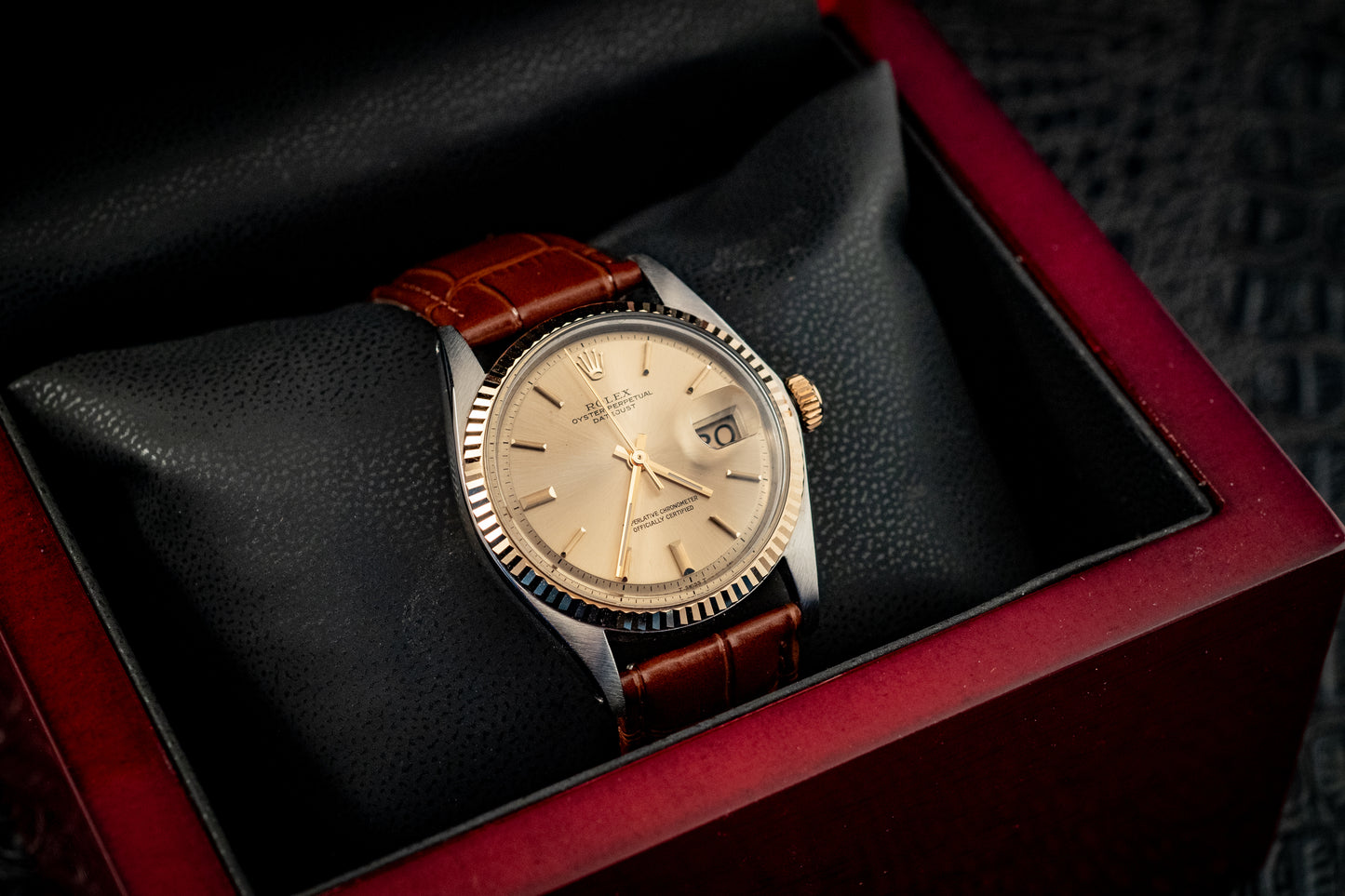 Rolex Datejust 14K Yellow Gold Steel Champagne Brown Leather Band Ref 1601