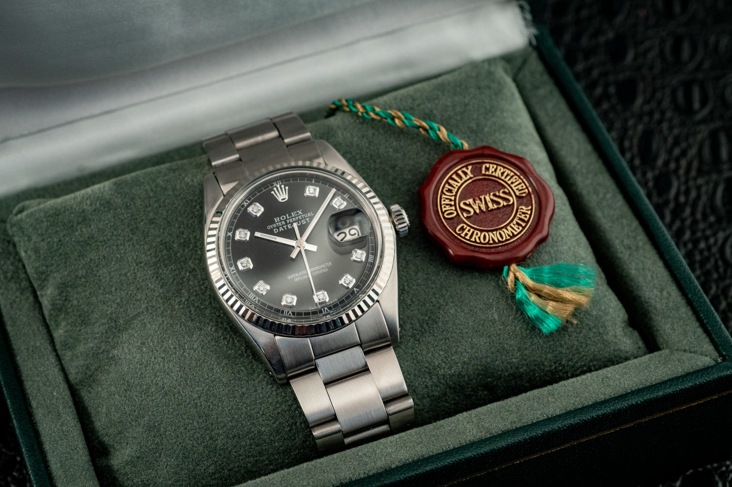 Rolex Datejust 36mm 18K White Gold And Steel Black Diamond Fluted Bezel Ref 1601