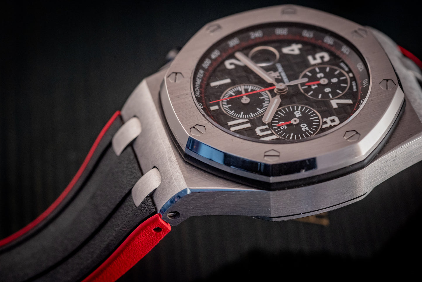 Audemars Piguet Royal Oak Offshore Chronograph 26470ST.OO.A101CR.01 “VAMPIRE” Black Dial Red Accents Chronograph Stainless Steel 42mm Box And Papers