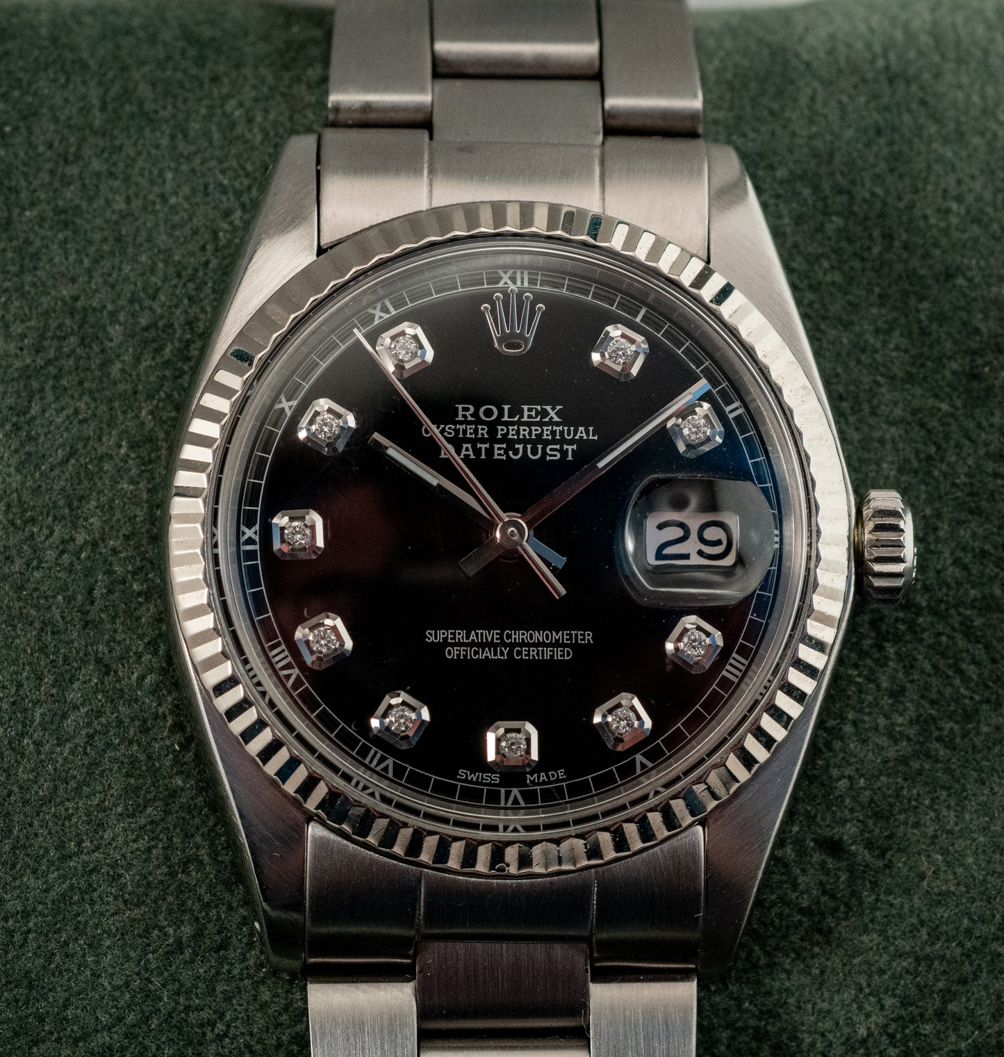 Rolex Datejust 36mm 18K White Gold And Steel Black Diamond Fluted Bezel Ref 1601