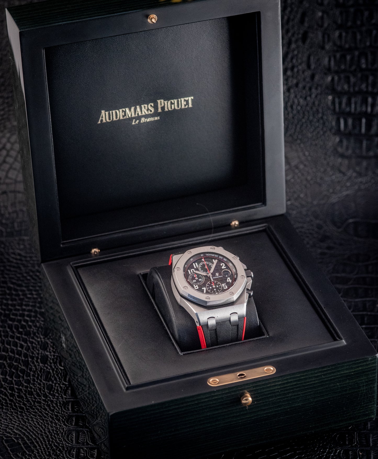 Audemars Piguet Royal Oak Offshore Chronograph 26470ST.OO.A101CR.01 “VAMPIRE” Black Dial Red Accents Chronograph Stainless Steel 42mm Box And Papers