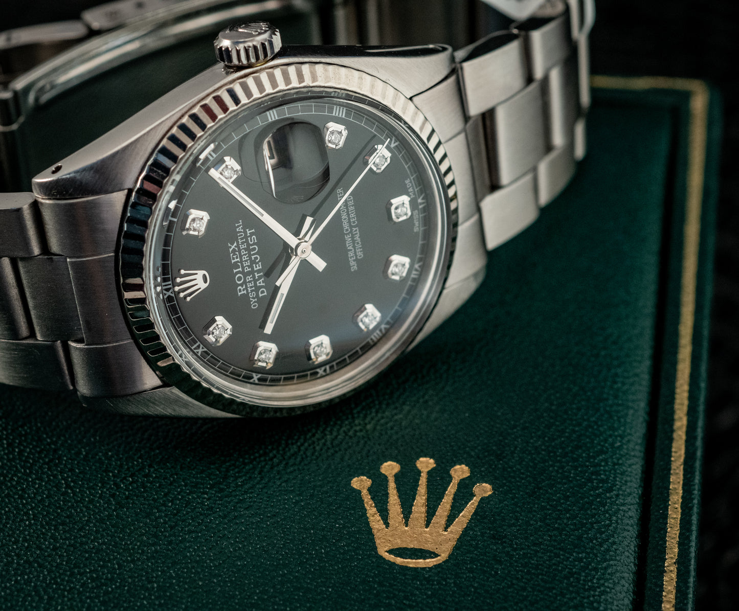 Rolex Datejust 36mm 18K White Gold And Steel Black Diamond Fluted Bezel Ref 1601