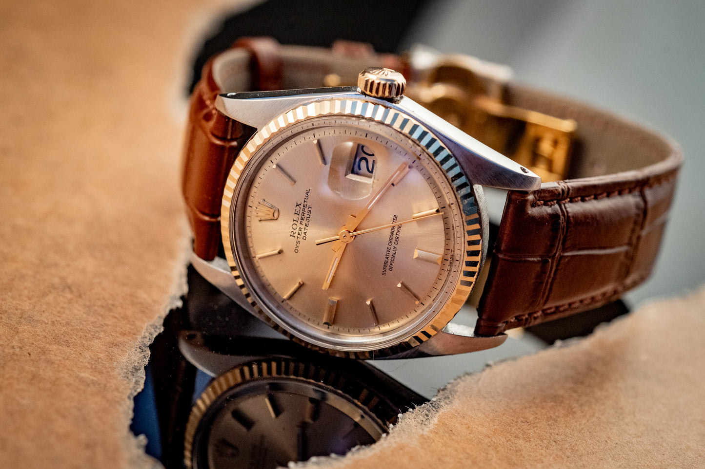 Rolex Datejust 14K Yellow Gold Steel Champagne Brown Leather Band Ref 1601