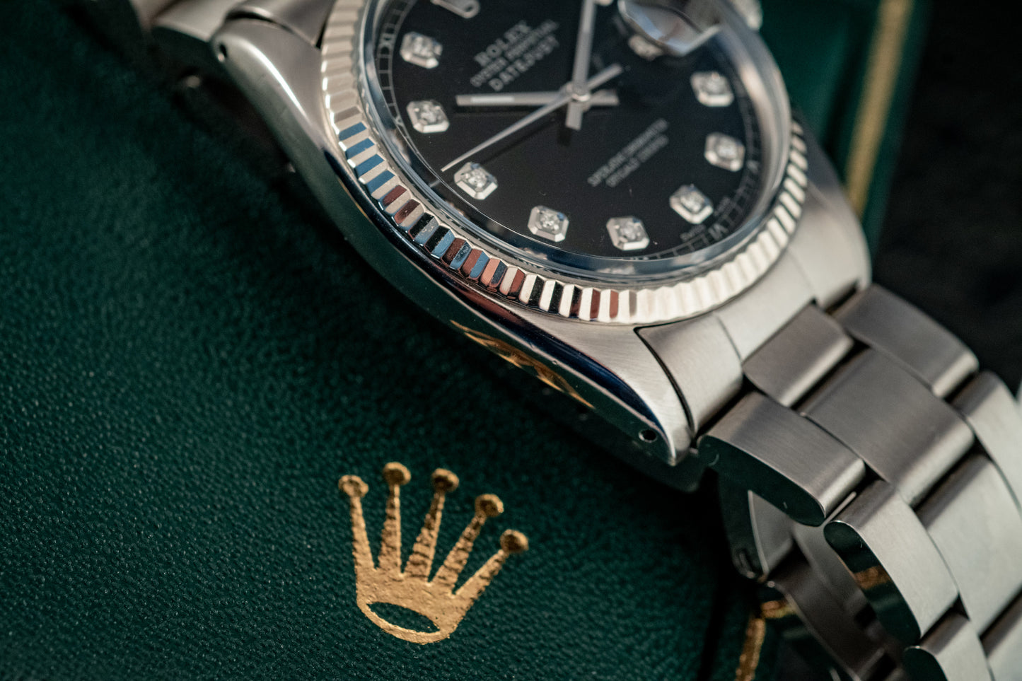 Rolex Datejust 36mm 18K White Gold And Steel Black Diamond Fluted Bezel Ref 1601