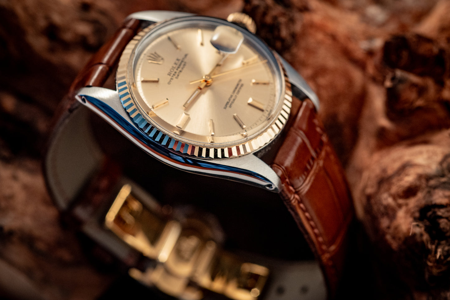 Rolex Datejust 14K Yellow Gold Steel Champagne Brown Leather Band Ref 1601