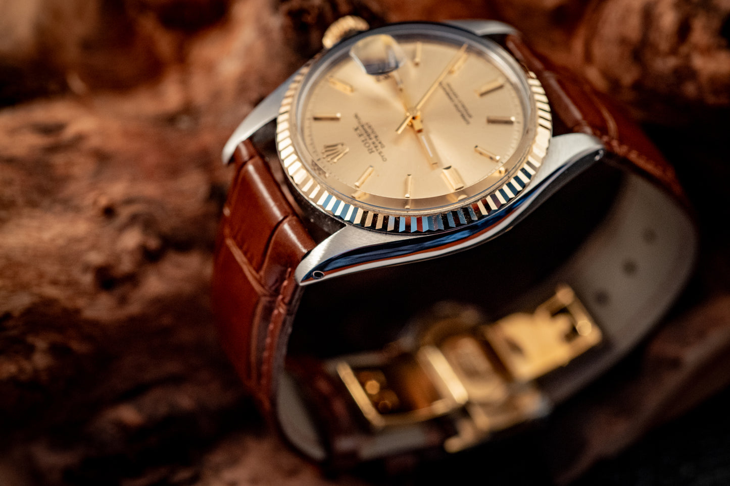 Rolex Datejust 14K Yellow Gold Steel Champagne Brown Leather Band Ref 1601