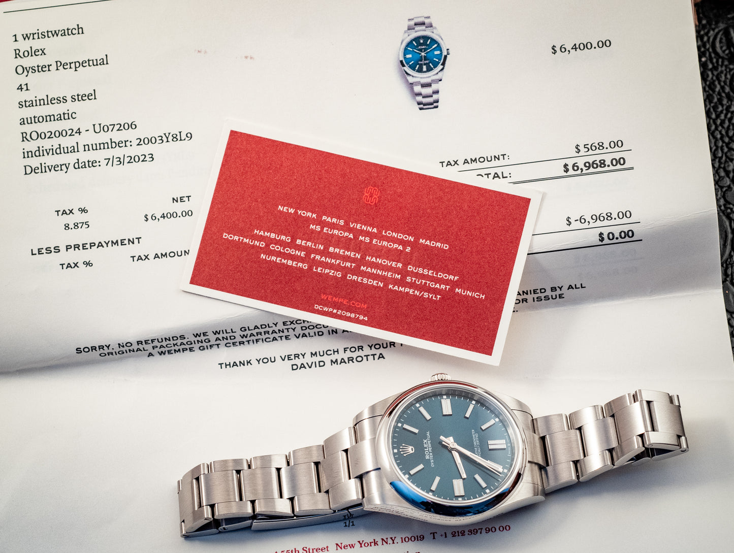 Rolex Oyster Perpetual 41 Blue Dial Steel Mens Automatic Watch 2023 Ref 124300 Box And Papers Purchase Receipt
