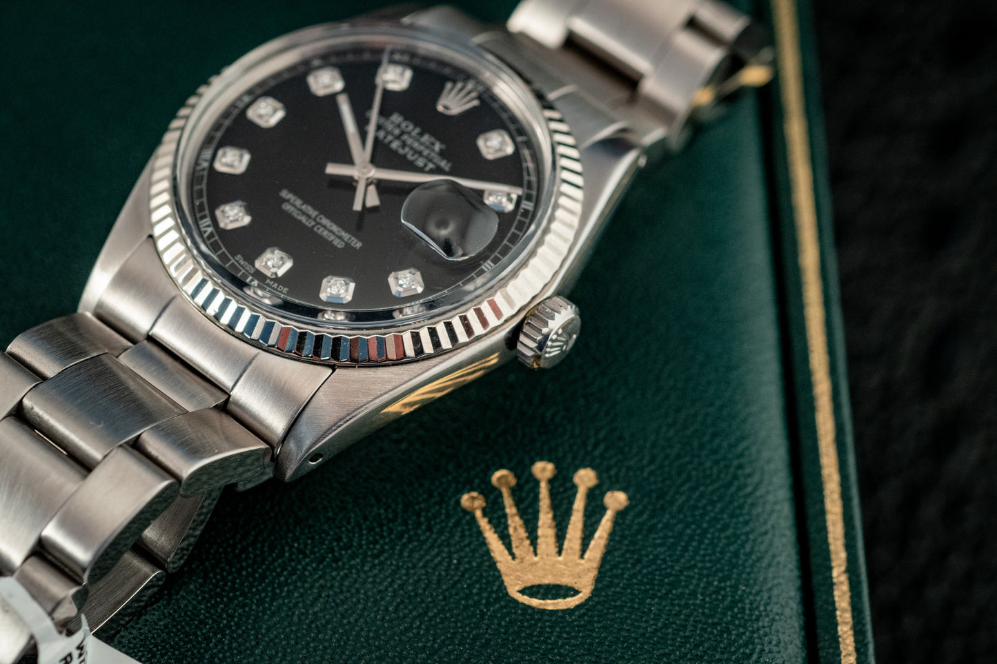 Rolex Datejust 36mm 18K White Gold And Steel Black Diamond Fluted Bezel Ref 1601