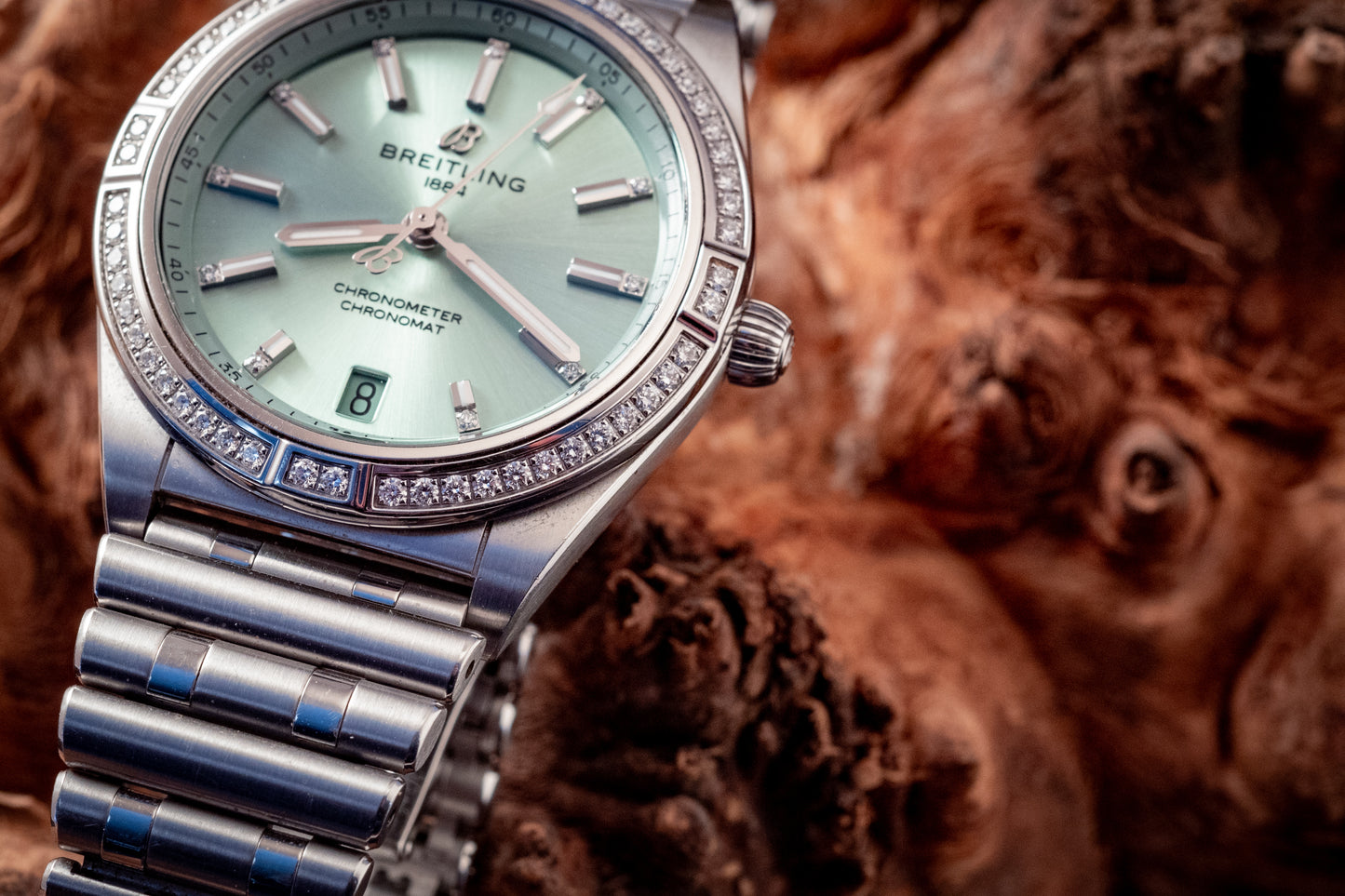 Breitling Chronomat 36MM Stainless Green Dial Diamonds Box Papers And Purchase Receipt Ref A10380591L1A1