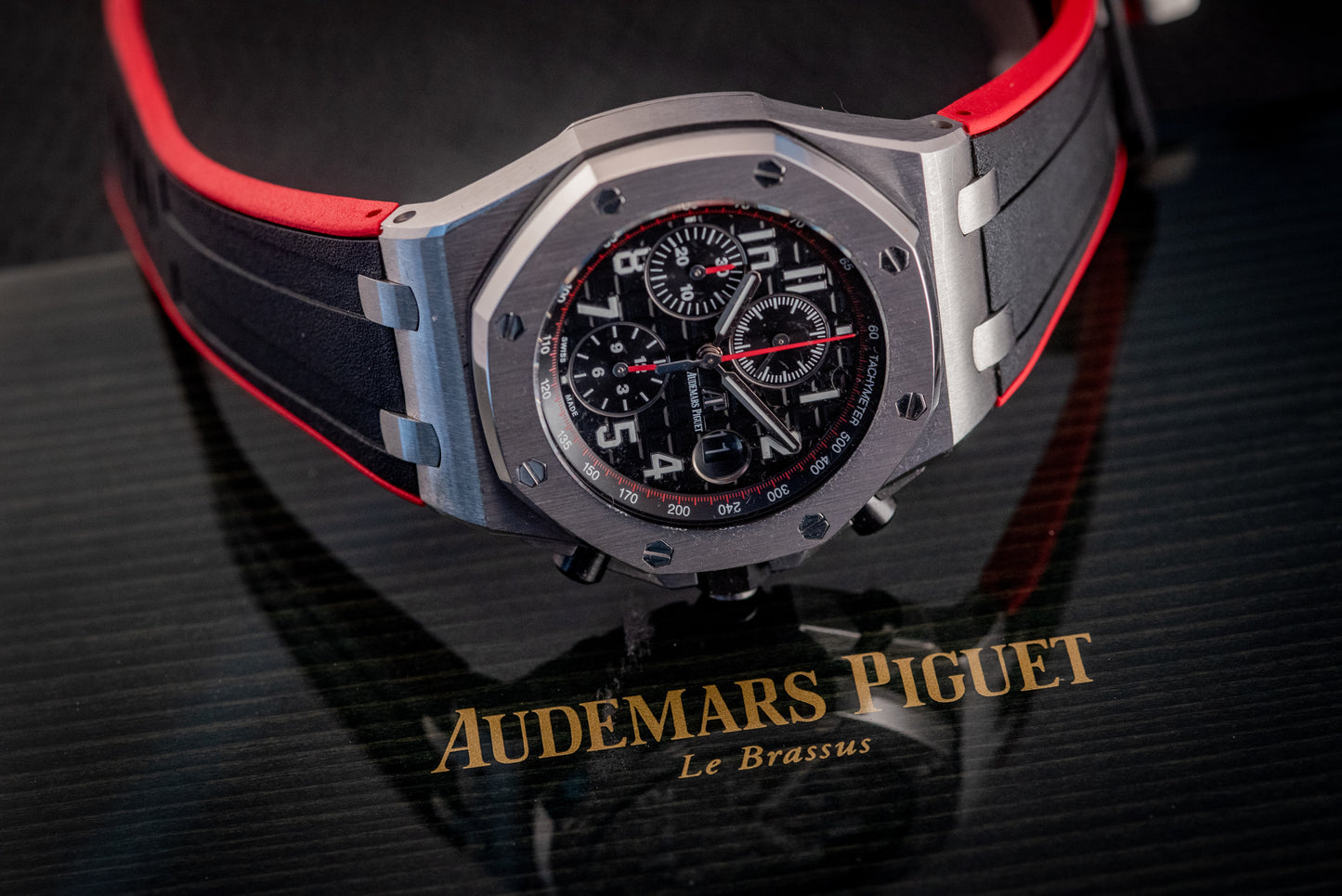 Audemars Piguet Royal Oak Offshore Chronograph 26470ST.OO.A101CR.01 “VAMPIRE” Black Dial Red Accents Chronograph Stainless Steel 42mm Box And Papers