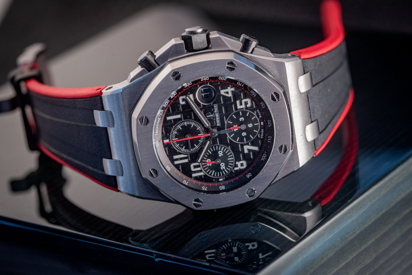 Audemars Piguet Royal Oak Offshore Chronograph 26470ST.OO.A101CR.01 “VAMPIRE” Black Dial Red Accents Chronograph Stainless Steel 42mm Box And Papers