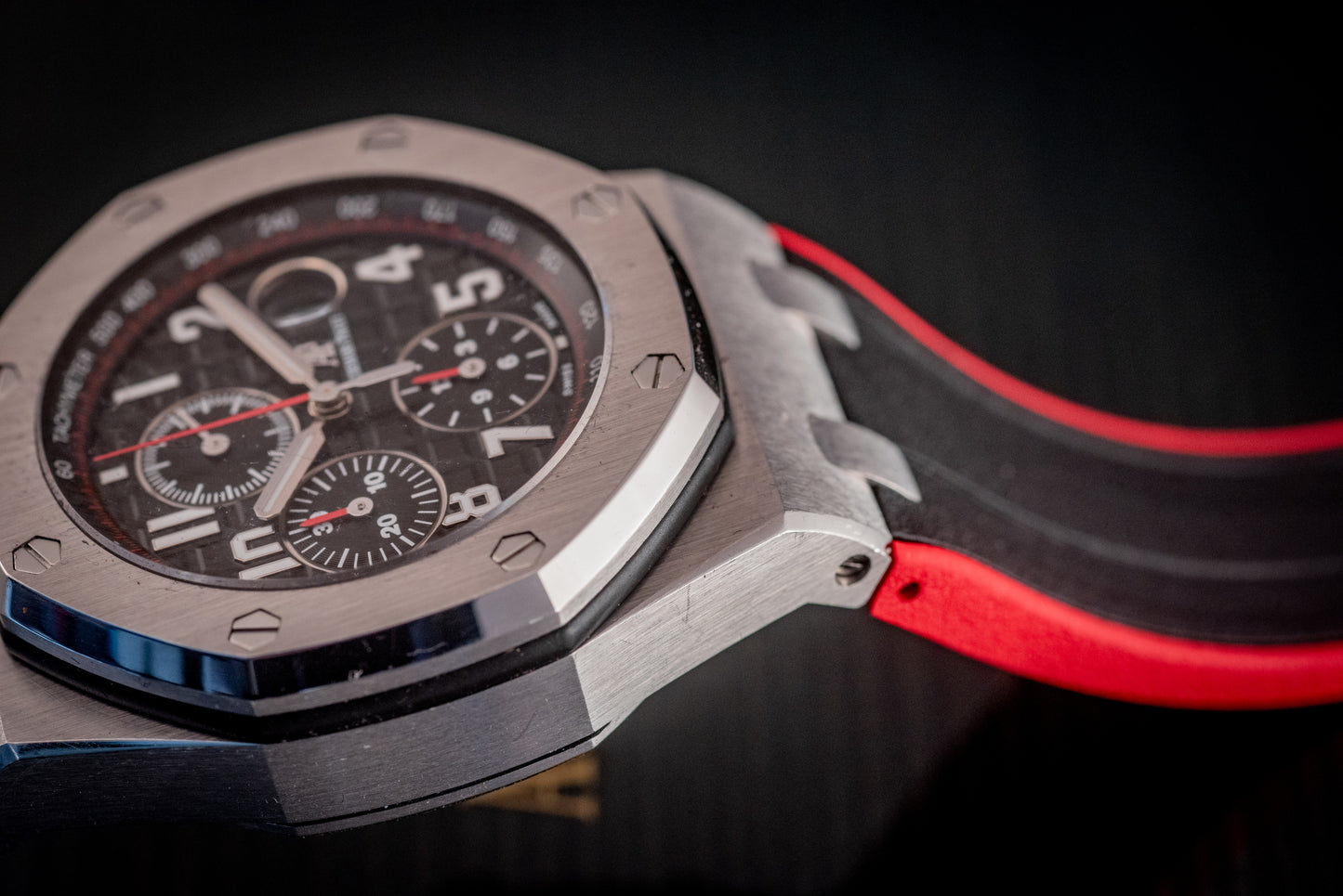 Audemars Piguet Royal Oak Offshore Chronograph 26470ST.OO.A101CR.01 “VAMPIRE” Black Dial Red Accents Chronograph Stainless Steel 42mm Box And Papers