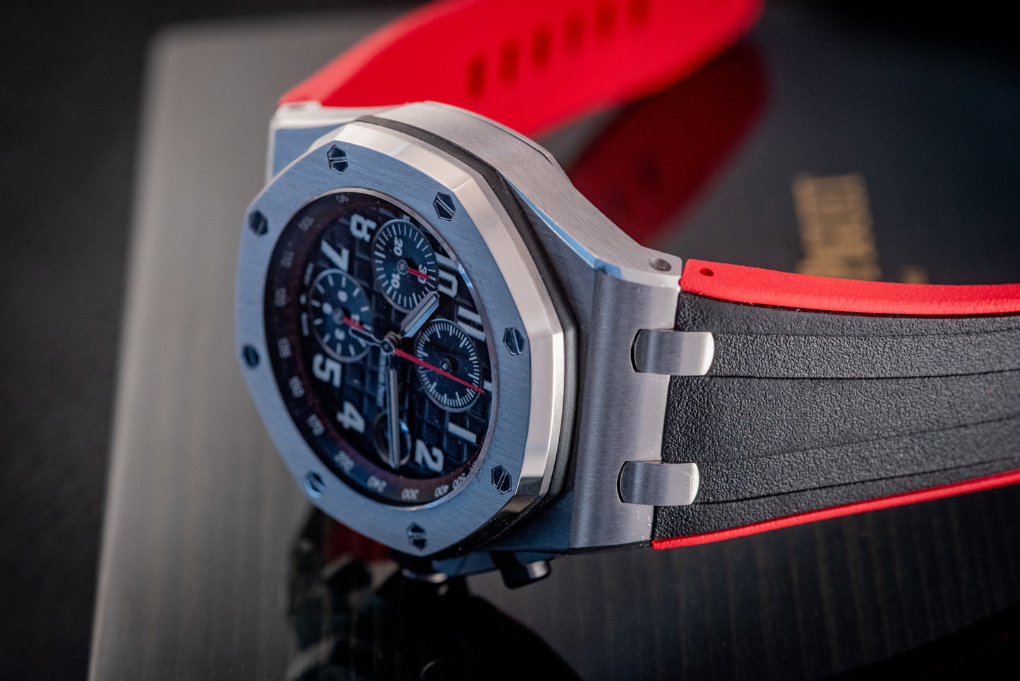 Audemars Piguet Royal Oak Offshore Chronograph 26470ST.OO.A101CR.01 “VAMPIRE” Black Dial Red Accents Chronograph Stainless Steel 42mm Box And Papers