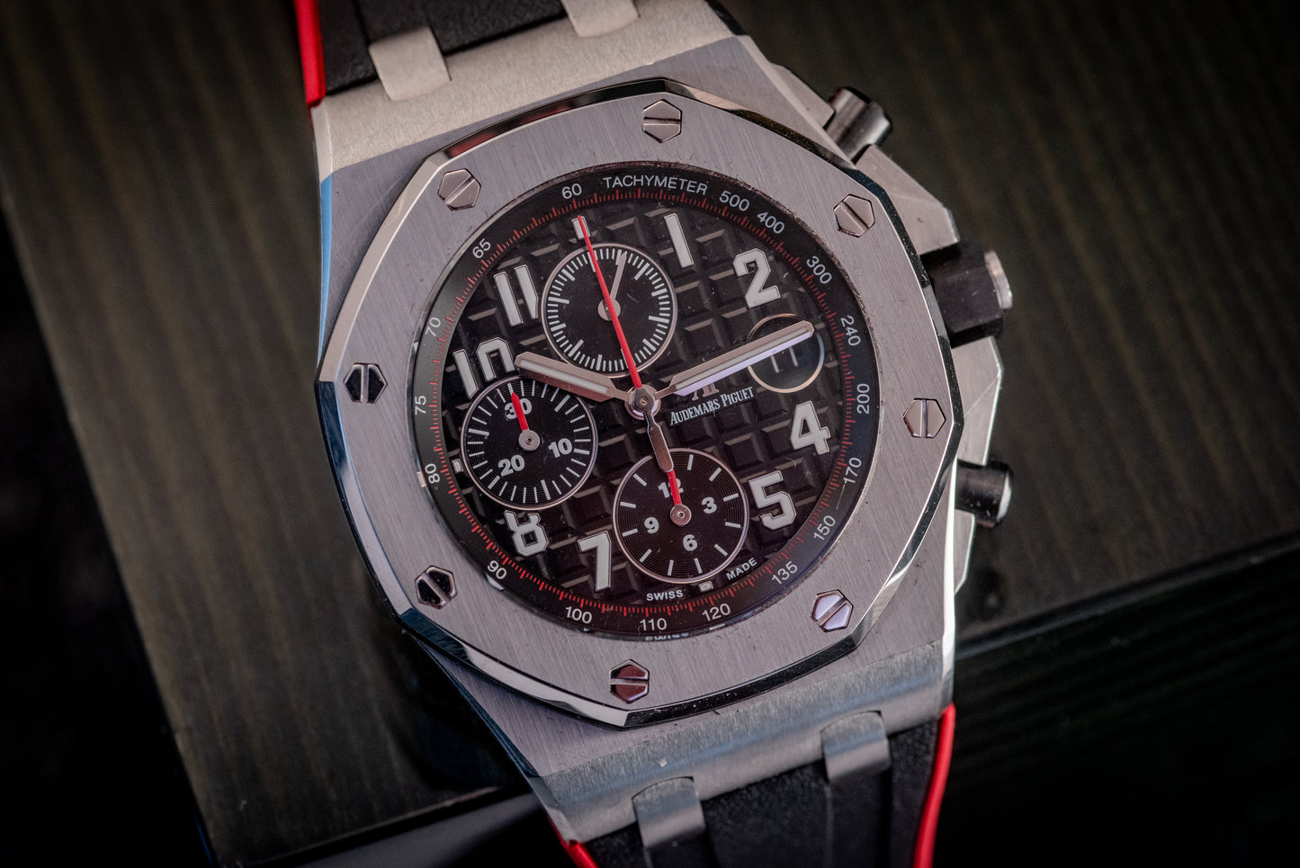 Audemars Piguet Royal Oak Offshore Chronograph 26470ST.OO.A101CR.01 “VAMPIRE” Black Dial Red Accents Chronograph Stainless Steel 42mm Box And Papers