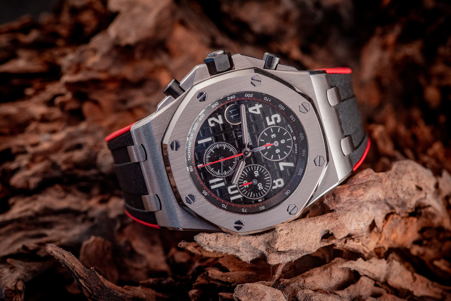 Audemars Piguet Royal Oak Offshore Chronograph 26470ST.OO.A101CR.01 “VAMPIRE” Black Dial Red Accents Chronograph Stainless Steel 42mm Box And Papers