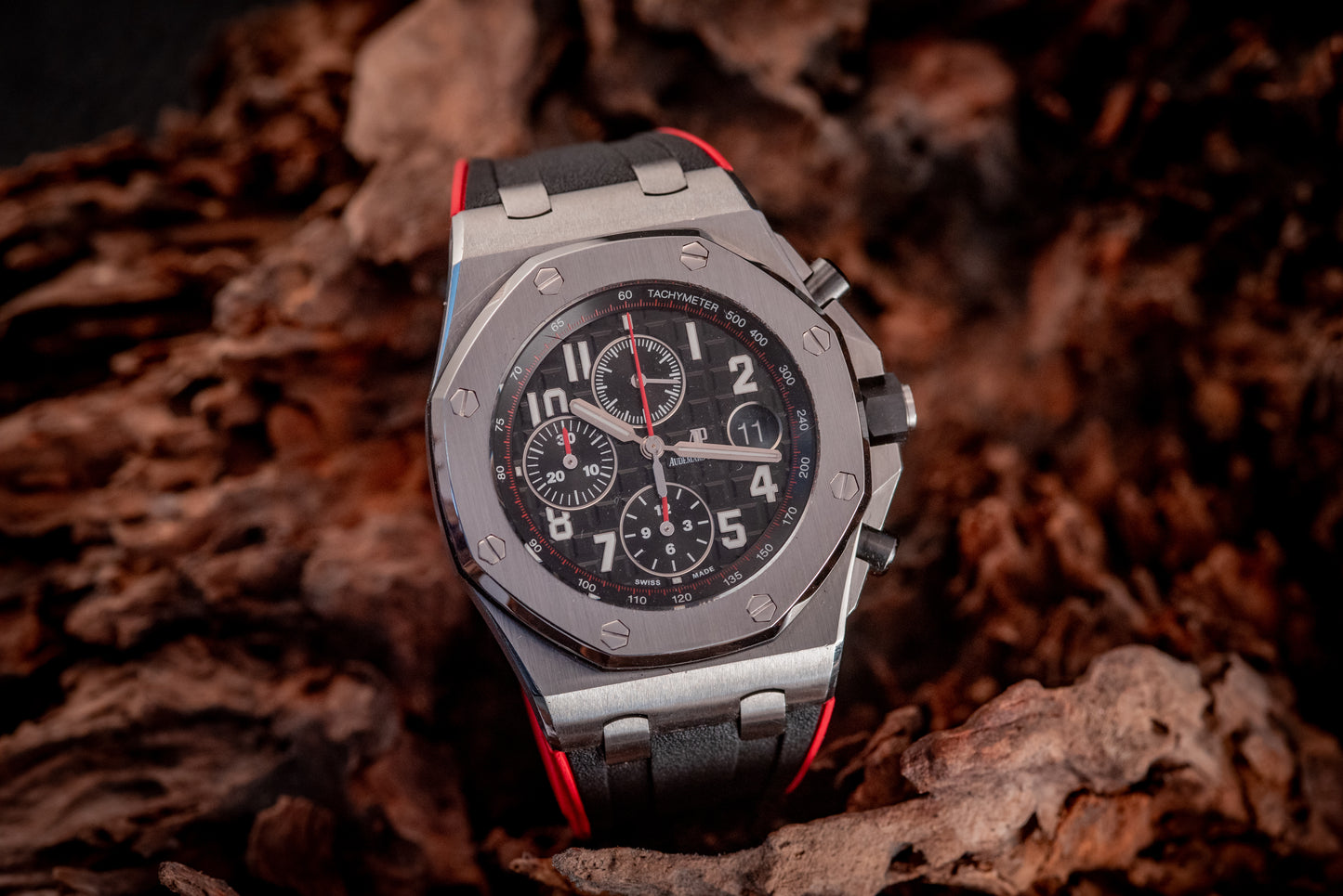 Audemars Piguet Royal Oak Offshore Chronograph 26470ST.OO.A101CR.01 “VAMPIRE” Black Dial Red Accents Chronograph Stainless Steel 42mm Box And Papers