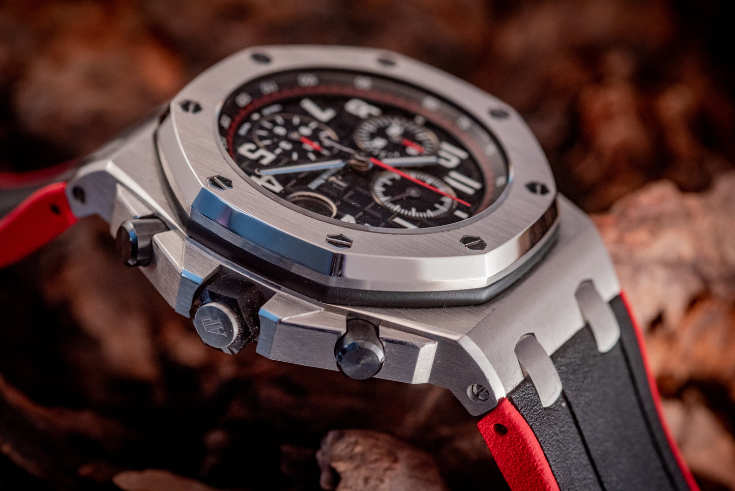 Audemars Piguet Royal Oak Offshore Chronograph 26470ST.OO.A101CR.01 “VAMPIRE” Black Dial Red Accents Chronograph Stainless Steel 42mm Box And Papers