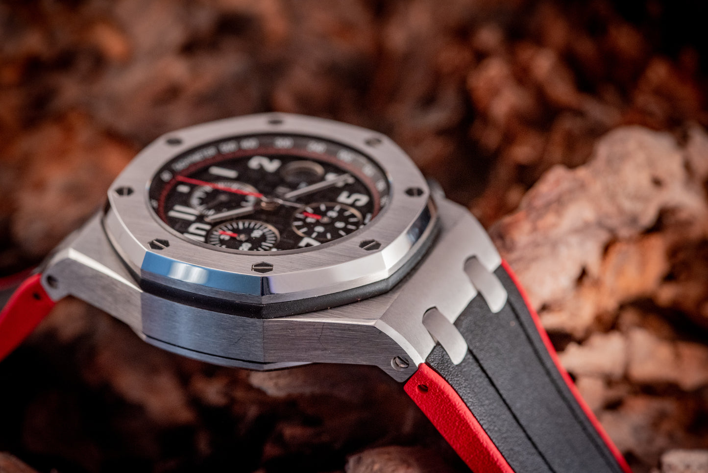 Audemars Piguet Royal Oak Offshore Chronograph 26470ST.OO.A101CR.01 “VAMPIRE” Black Dial Red Accents Chronograph Stainless Steel 42mm Box And Papers